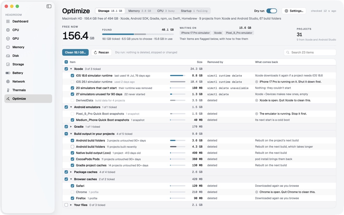 Optimize: 40.1 GB found, 18.1 GB ticked, with each item's size, how it's removed and what comes back; items in use are flagged